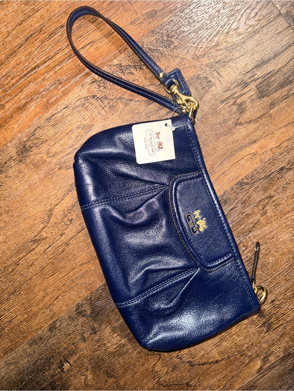 Coach Navy Leather Wristlet with Gold Hardware
